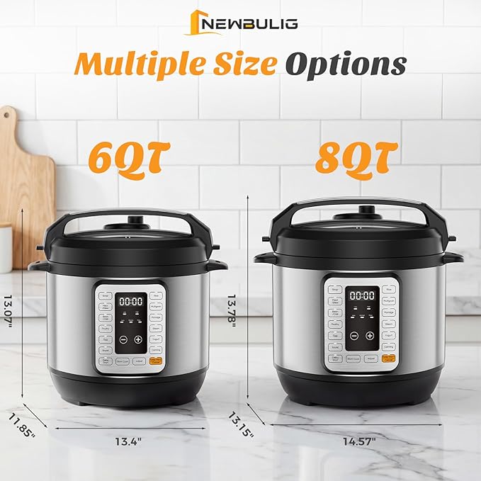 NEWBULIG 16-in-1 Electric Pressure Cooker, 8QT Multi Cooker with 12 Presets, Slow Cook Rice Steamer Sauté Soup Meat Stew Canning Yogurt Maker, Ceramic Inner Pot & Recipe Book Included, Silver
