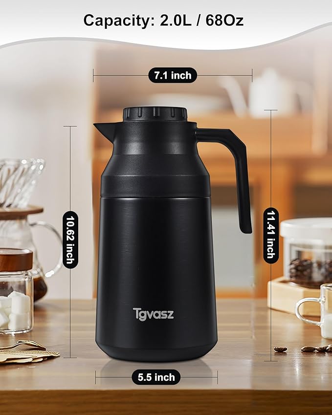 2 PCS Thermal Coffee Carafe Insulated Stainless Steel Coffee Carafe for Hot Liquid Vacuum Thermal Pot Creamer Pitcher Dispenser Keeping Hot Water Milk(Black/Black 68 oz)
