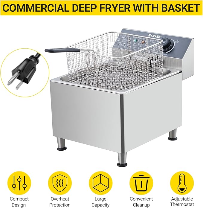 GarveeHome Commercial 11 L/3.3 gal Deep Fryer 1700W,201 Stainless Steel Electric Fryer with Adjustable Thermostat, Extra-Thick 6 LB Basket & Splash Guard Lid for Restaurant, Food Truck, Home Kitchen