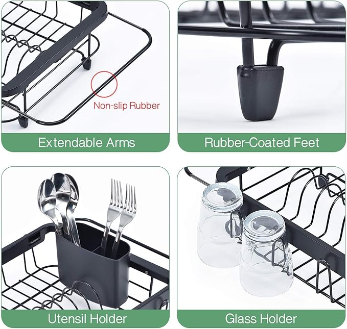 TOOLF Expandable Dish Drying Rack Over The Sink Adjustable Dish Rack in Sink Or On Counter Dish Drainer with Utensil Holder Rustproof for Kitchen