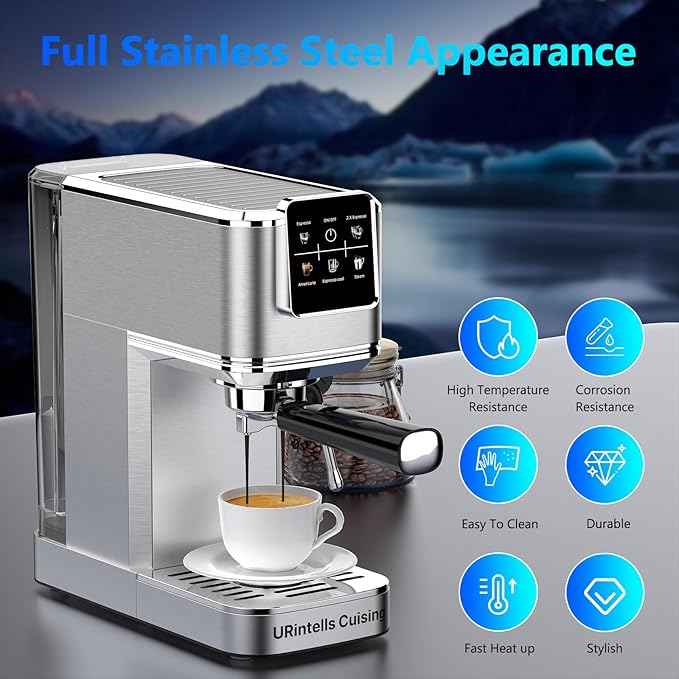 URintells Cuising Espresso Machine 20 Bar,Touch Screen Espresso Maker with Steam Milk Frother,Stainless Steel Coffee Machine for Cappuccino Latte Americano Cold Brew,1350W Fast Heat Up System,Silver