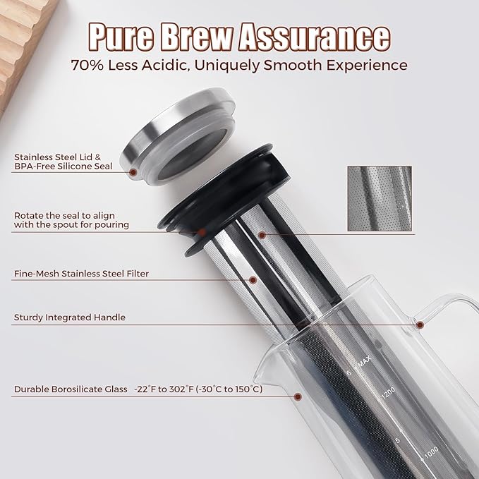 Cold Brew Coffee Maker 1.4L/48oz with Extended Filter & 2 Pcs Stainless Steel Espresso Cup (Black), Coffee Brewing Set with Cleaning Brush, Stirring Spoon & 3.4oz/100ml Dual Scale Measuring Cup