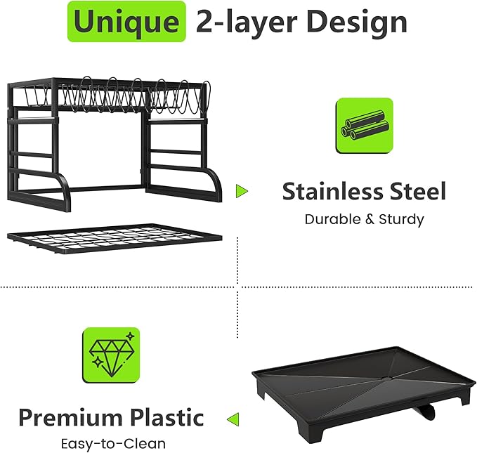 2-Tier Foldable Dish Drying Rack with Drainboard, Stainless Steel Large Capacity Kitchen Counter Organizer with Cup Holder, Utensil & Cutting Board Storage, No Assembly Required, Black