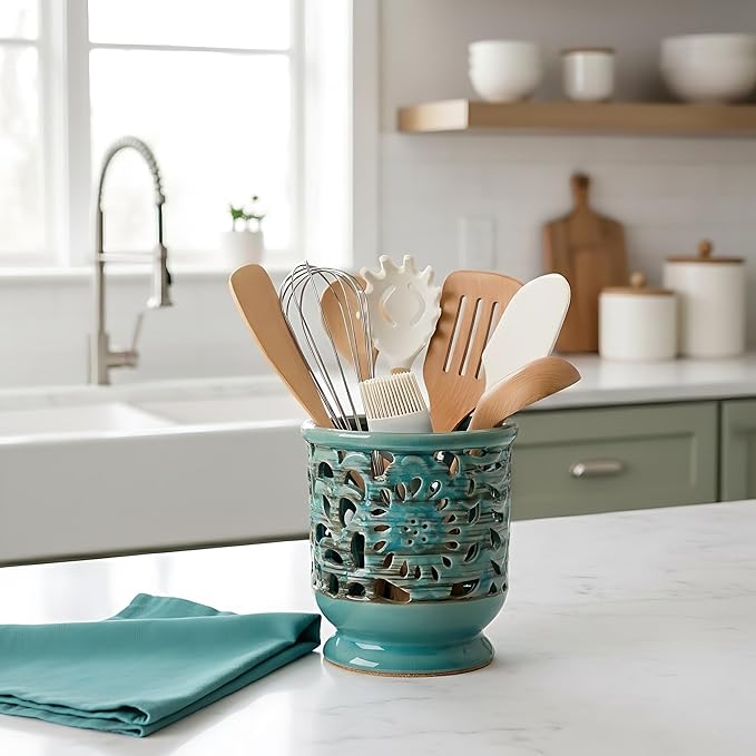 Farmhouse Kitchen Utensil Holder for Countertop, Ceramic Large Cooking Utensil Crock with Cork Mat, Hollow Carving Decorative Rustic Utensil Holder for Kitchen Counter, Antique Blue