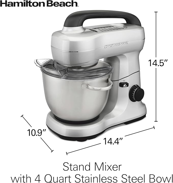 Hamilton Beach Electric Stand Mixer, 4 Quarts, Dough Hook, Flat Beater Attachments, Splash Guard, 7 Speeds with Whisk, Easy-Carry Top Handle, Silver