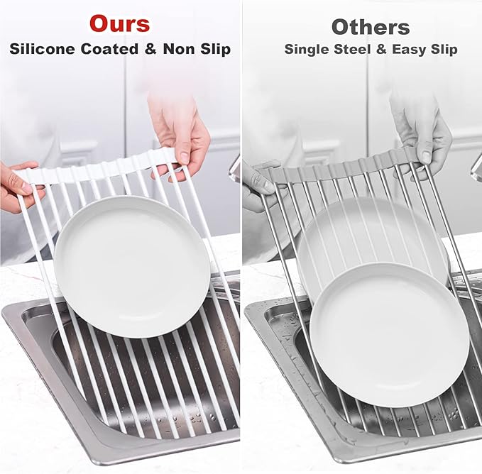 MERRYBOX Roll Up Dish Drying Rack, Silicone Wrapped Over The Sink Dish Rack Foldable Dish Drainer Anti-Slip Dish Racks for Kitchen Sink, Multipurpose Kitchen Sink Drying Rack, 17.5" x 13", White