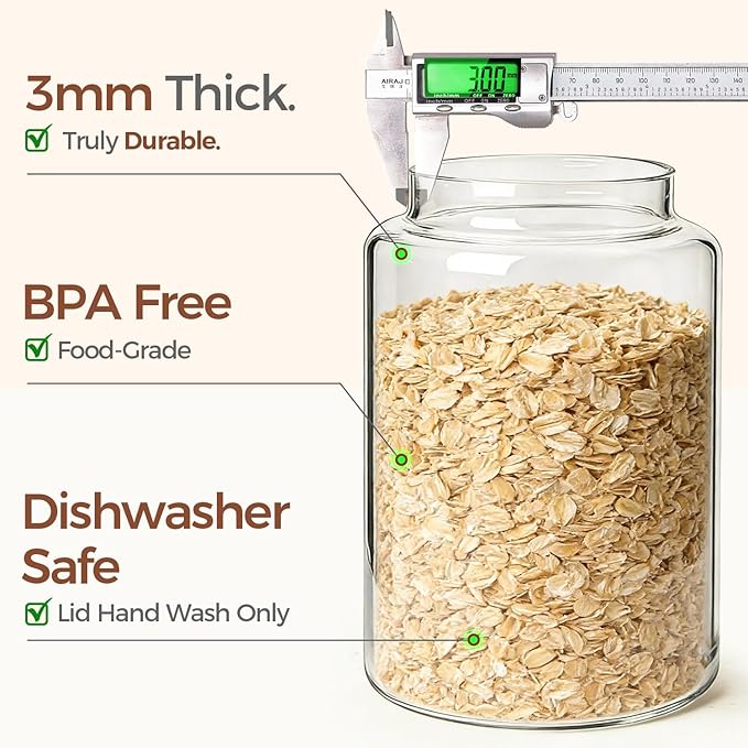 ComSaf 2Pcs (4.2Qt) Wide-Mouth Flour Sugar Storage Containers - Include Scoops & Labels, Easy to Scoop & Airtight, Large Glass Jar for Bakers to Store Bulk Flour, Rice, and Dry Goods in Kitchen Pantry