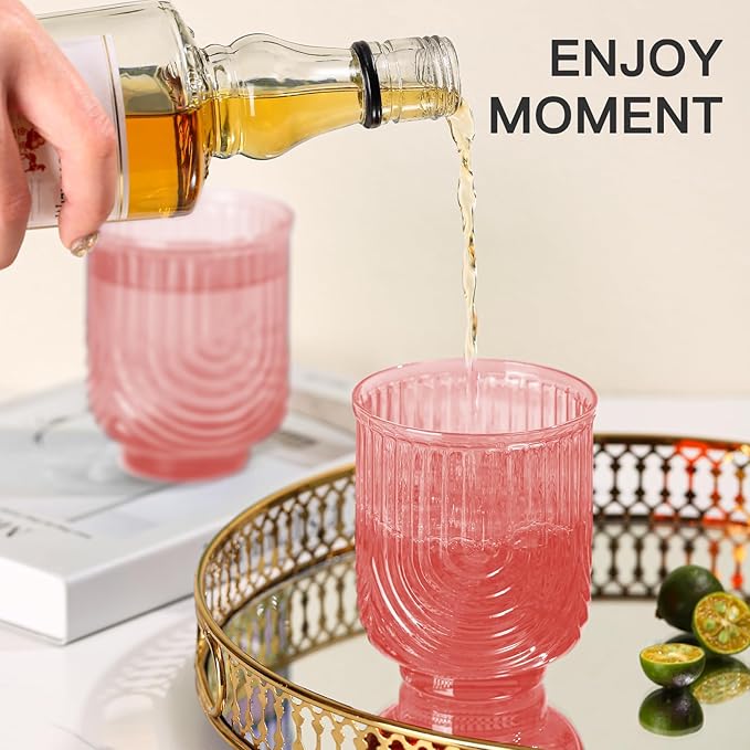 JOVGANK Pink Vintage Drinking Glasses Set of 6-14Oz Pink Glass Drinking Glasses, Art Deco Ripple Highball Glass, Whiskey Cocktail Glasses, for Bar Coffee Juice, Housewarming and Mother's Day Gift