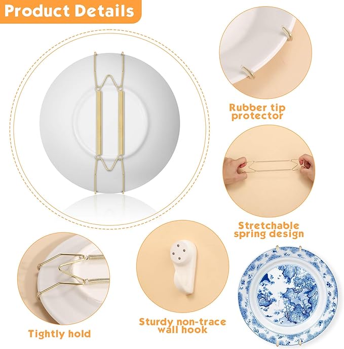 7 pcs Plate Hangers for The Wall, 4/6/8/10/12 Inch Invisible Decorative Wall Plate Hangers, Stainless Steel Plates Walls Hanger for Display Various Sizes with Hooks for Decorative