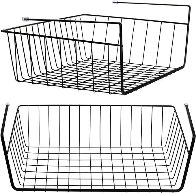 Tebery 2 Pack Black Under Shelf Wire Basket, Hanging Storage Baskets Under Cabinet Add-on Storage Racks, Slide-in Baskets Organizer for Kitchen Pantry Desk Bookshelf