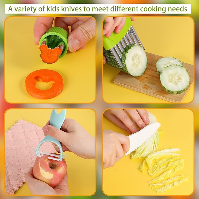 10PCS Kids Knife Set, Toddler Safe Knives for Real Cooking, Serrated Edges, Kids Cooking Utensils, Kitchen Tools for Toddlers, Potato Slicers, Cake Scraper