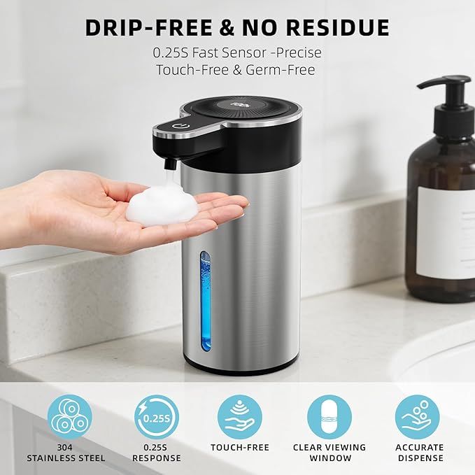Automatic Foaming Soap Dispenser Touchless, Clog-Free Pump, 0.2s Fast Sensor, USB-C Rechargeable &13.5 oz/400ml Rechargeable, 4 Adjustable Liquid Levels, IPX5 Waterproof,Level Display