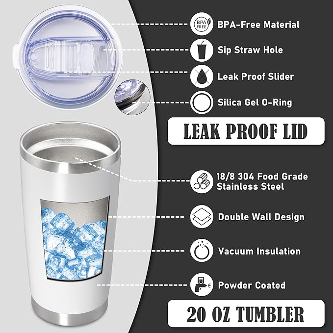 20 oz Tumbler Coffee Travel Tumblers Bulk with Lid Stainless Steel Double Wall Vacuum Insulated Mug Powder Coated Cups fit Car Cupholder for Hot and Cold - White, 1Pack
