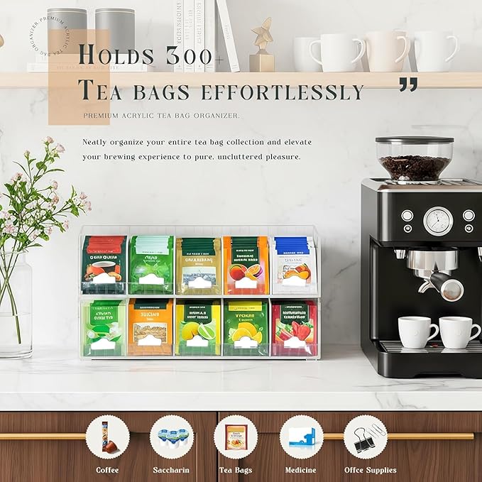 Acrylic Tea Bag Organizer with Adjustable Dividers, 2 Tier Tea Bag Holder Stackable & Wall Mount Storage Box, Custom Compartments Fit All Size Tea Bags for Drawer, Cabinet, Countertop Organization