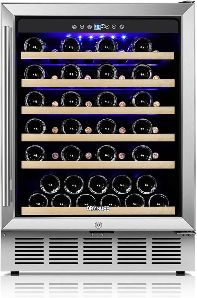 ORYMUSE 24 Inch Wine Fridge, 54 Bottle Wine Cooler Refrigerator with Stainless Steel Glass Door, LED Display, Upgraded Compressor, Built-In or Freestanding for Home Bar Kitchen