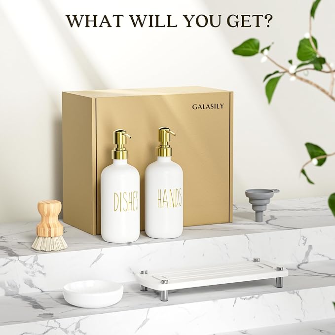Galasily Gold Soap Dispenser Set Comes with Stainless Steel Pumps, Instant Dry Tray, and Dish Scrub Brush, Kitchen Soap Dispenser Set Suitable for Kitchen Decor and Bathroom Accessories(Gold)