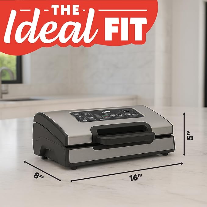 Gourmia Vacuum Sealer – Food Preservation System with Marinate Mode and Vacuum Hose, Pulse Control, LED Display, Built-In Cutter, Gentle & Normal Vacuum Options, Stainless Steel