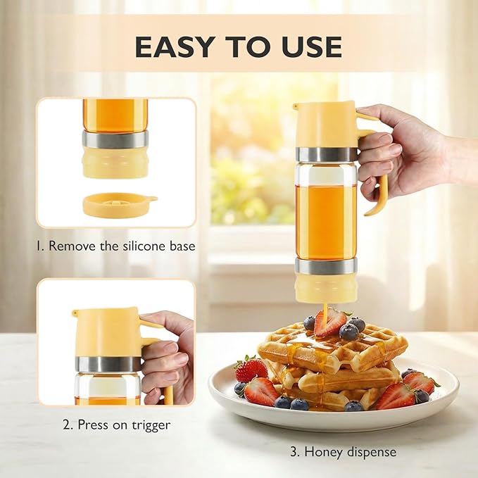 Aelga Honey Dispenser, Honey Dispenser No Drip 12 oz Glass Honey Jar with Handle, Easy Pour Syrup Dispenser for Coffee Bar, Tea & Kitchen Accessories (Yellow)
