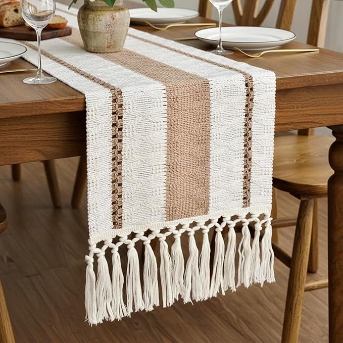 FEXIA Boho Table Runner for Hoilday Spring Home Decor with Tassels Pottery barn Furniture Farmhouse Rustic Macrame Burlap Table Decoration for Living Room (12x36 Inches)