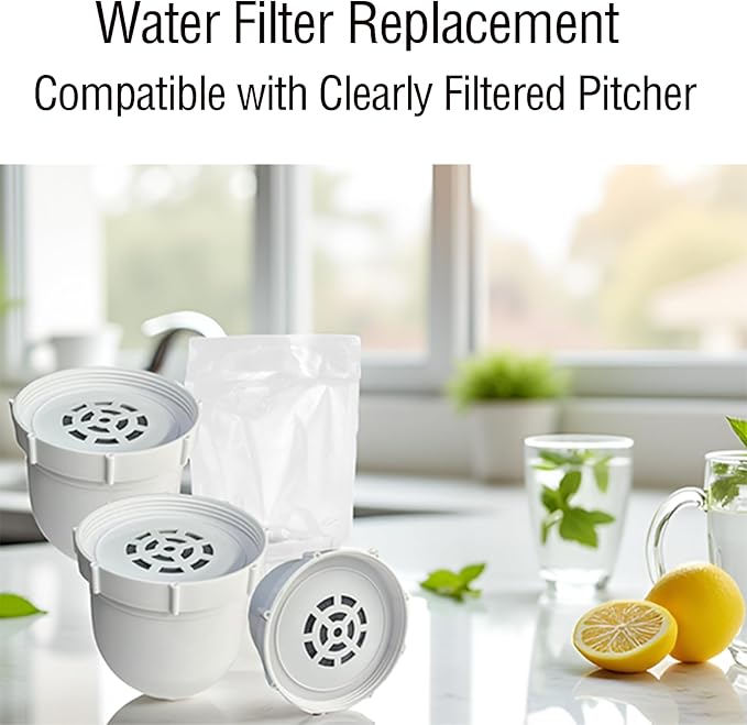 Water Filter Replacement for Clearly Filtered Pitcher, Reduces Fluoride Heavy Metals Chlorine, 100-Gallon, BPA-Free, 4-Pack