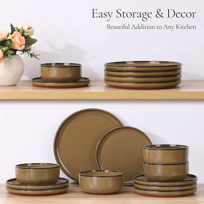 E-far Stoneware Dinnerware Sets for 8, 24 Pieces Reactive Glaze Plates and Bowls Sets, Elegant Dishes with Rustic Terracotta Clay Base, Dishwasher & Microwave Safe, Scratch Resistant, Desert Camel