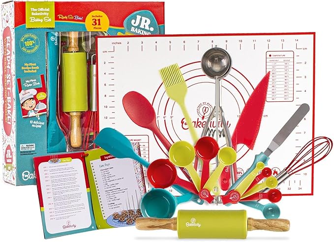 Baketivity 31 Pcs Kids Baking Set and Bake Away Kids Baking Cookbook Bundle | Kids Safe Nylon Knife and Real Baking Utensils Set | Best Little Baker Baking Book with Pictures and Cooking Tools Gift