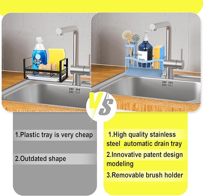 Maifan Sink Caddy Sponge Holder for Kitchen with Brush Holder and Stainless Steel Self Drain Tray, Rustproof Kitchen Sink Organizer for Sponge, Soap Dispenser Storage Accessories
