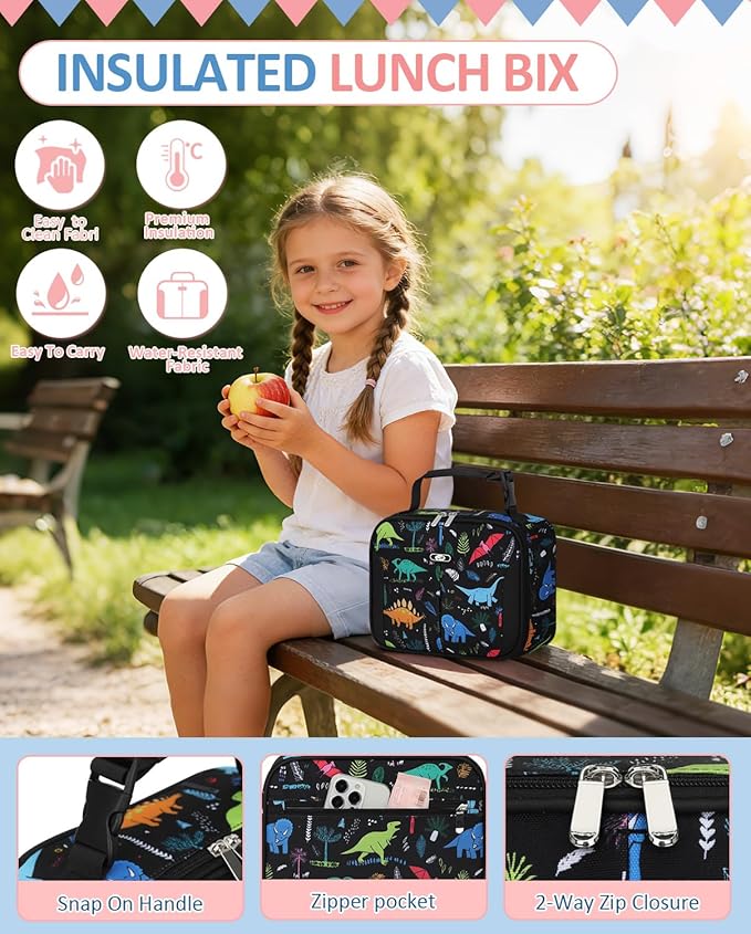 Insulated Lunch Box for Kids, Cute Thermal Lunch Bag for School, Reusable Lunch Tote for Boys and Girls, Durable Cooler Bag with Easy Grab Handle, Lightweight and Easy to Clean Meal Bag,Dinosaurs