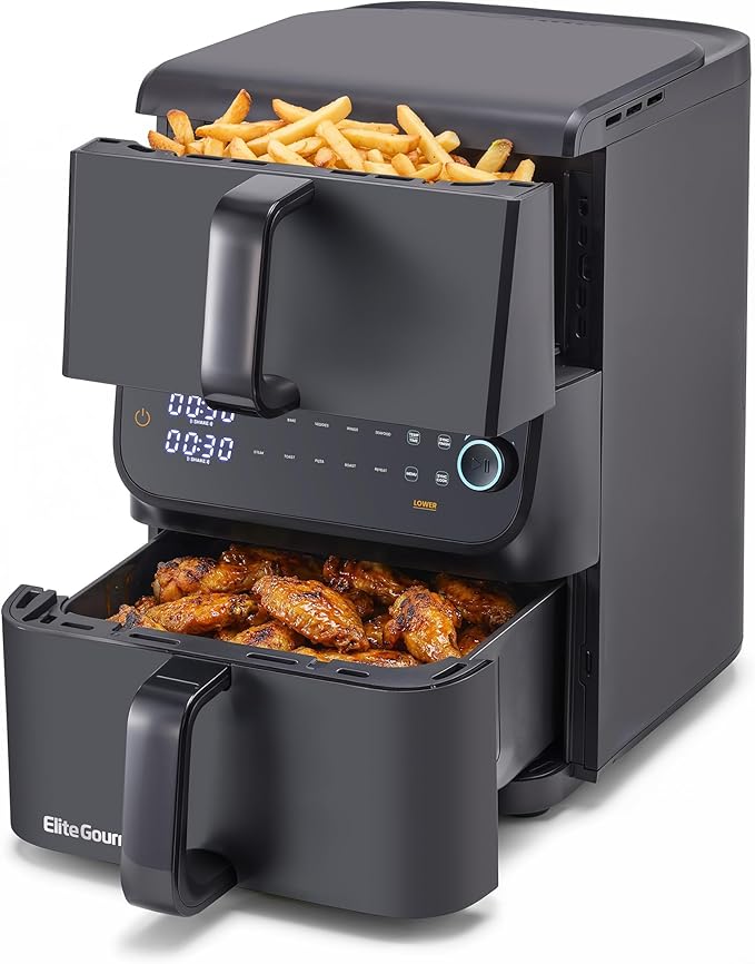 Elite Gourmet Dual Stacked Air Fryer, 10.5 Qt Total Capacity, PFAS-Free Nonstick Baskets, Sync Cook & Sync Finish, 10 Presets, 1700W, Black