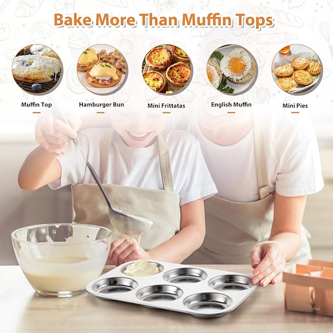 E-far Muffin Top Pan Set of 3, Stainless Steel 6-Cavity Shallow Cupcake Pan for Baking Whoopie Pie, Yorkshire Pudding, Eggs, Cornbread, Drop Cookies, Non-toxic & Standard Size, Oven & Dishwasher Safe