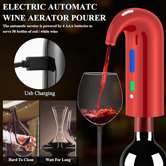 Wine Bottle Opener Christmas Day Gift Set with Electric Wine Opener, Wine Decanter&Wine Aerator and Pourer, wine stopper, Foil Cutter and EVA Storage Bag, Rechargeable and Automatic-(Christmas Red)