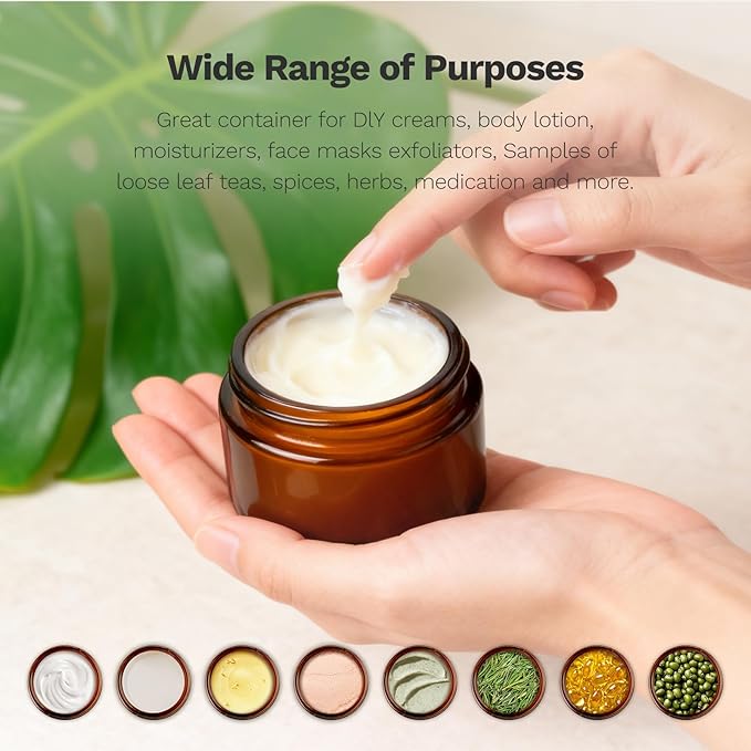 Bumobum 1 oz Amber Glass Jars with Lids, 105 pack Clear Small Jars with Black Lids, White Labels and Inner Liners, Empty Round Cosmetic Containers for Cream, Lotion (Amber 105 Pack)