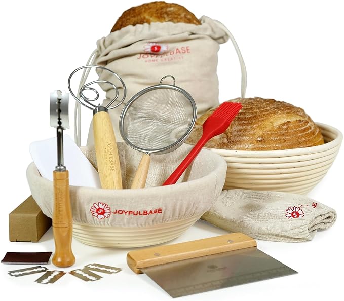 Banneton Bread Proofing Basket Set of 2 Sourdough Starter Kit with 9- Inch Round Baskets Fermentation Proofing Bowls Artisan Sourdough Bread Baking Supplies with Tools Liners and Linen Bag