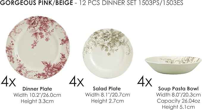Tudor Royal Collection 12-Piece Premium Quality Porcelain Dinnerware Set, Service for 4 - GORGEOUS PINK See More Designs Inside!