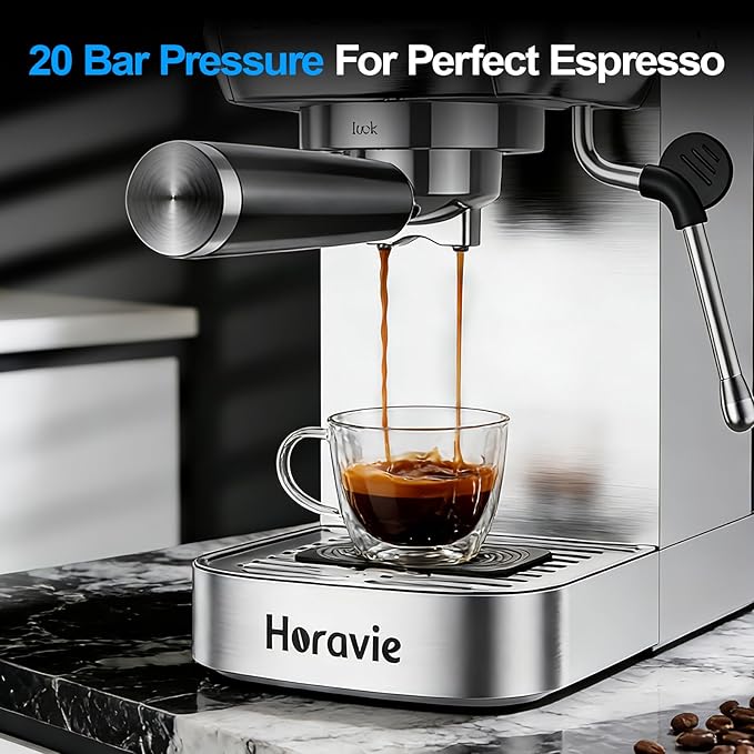 Horavie Espresso Machine 20 Bar, Compact Espresso Maker with Milk Frother, Stainless Steel Cappuccino & Latte Machine with LCD Screen, Adjustable Temperature, 44oz Water Tank for Home, Office