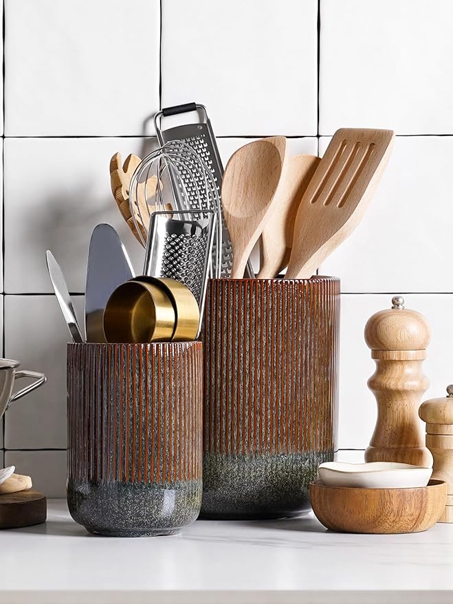 LE TAUCI Utensil Holder for Kitchen Counter, 7.3"+5.4" Fluted Ceramic Utensil Crock Organizer for Countertop, Heavy Large Holder for Spatulas, Spoons, Set of 2, Olive Brown Marble
