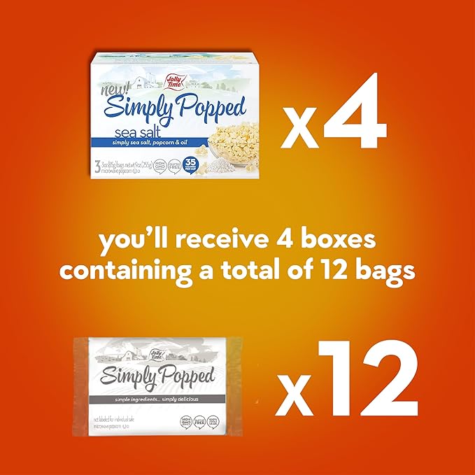 Jolly Time Simply Popped, Vegan, Dairy Free Microwave Popcorn, 3oz Sharing Bag, 3 Bags Per Carton (Simply Popped Sea Salt, 3 Ounce (Pack of 12))
