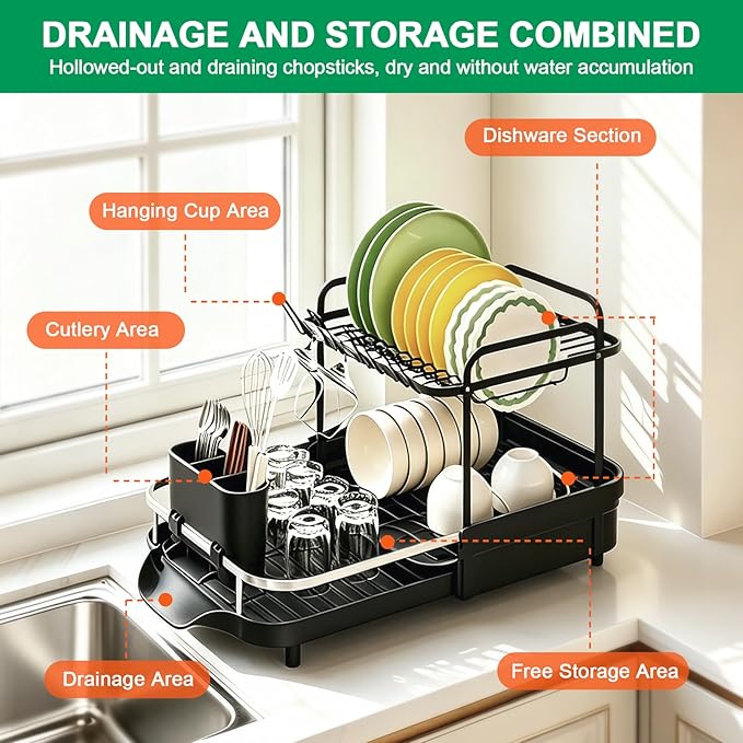 Dish Drying Rack for Kitchen Counter, 2 Tier Large Expandable Dish Drainer with Drainboard Set and Removable Utensil Holder, Space-Saving Countertop Organizer