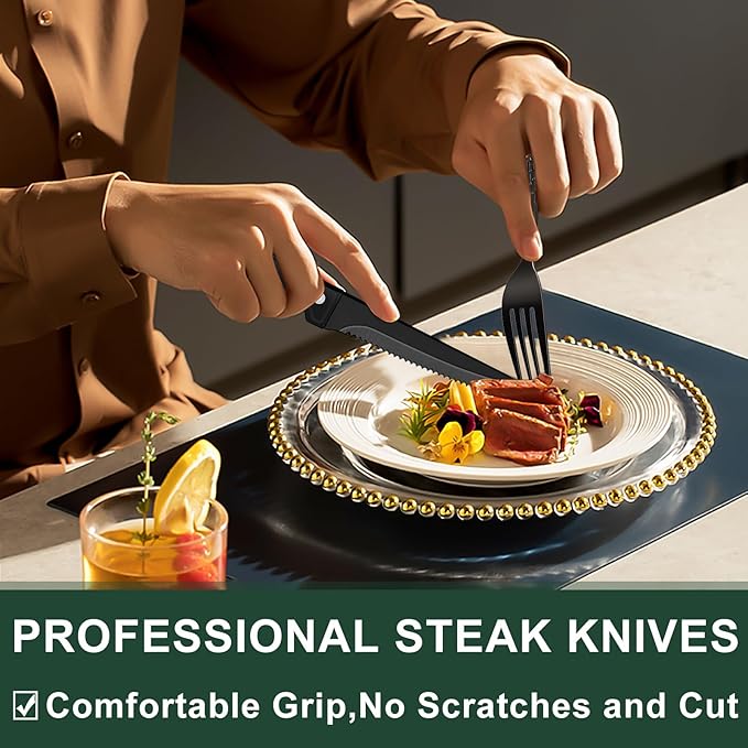 49-Piece Black Silverware Set with Organizer, Food-Grade Stainless Steel Black Flatware for 8, Cutlery Utensil Sets with Steak Knives, Rust-proof, Mirror Polished, Dishwasher Safe, Tree Pattern