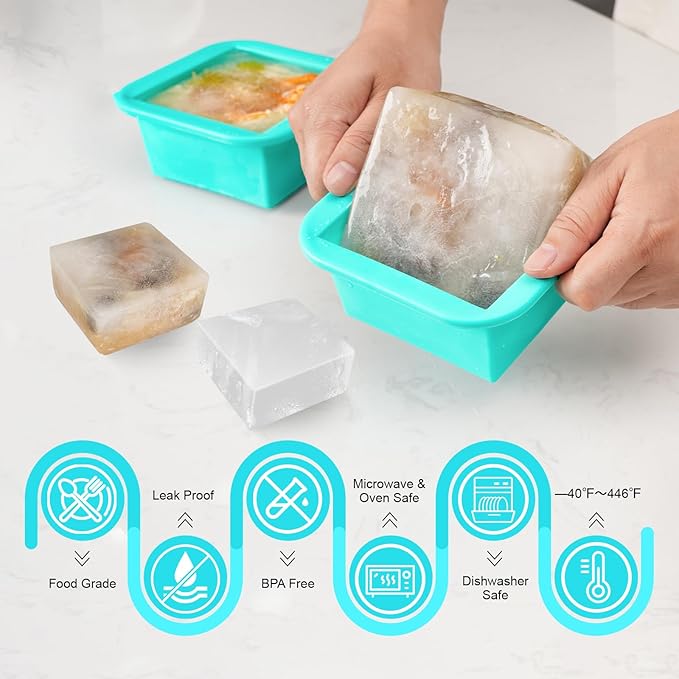 Silicone Freezer Tray with Lid 2 Pack Silicone Freezer Molds Ice Cube Tray Makes 2 Perfect 2 Cup Portions Soup Cubes Meal Prep Containers- Oven & Dishwasher Safe