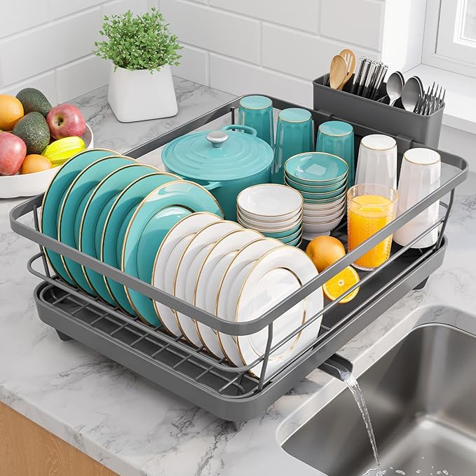Sakugi Stainless Steel Dish Drying Rack for Kitchen Counter, Sink Organization and Storage Essentials with Silverware & Utensil Holder, Home and Apartment Decor, 12''W x 15.6''L, Gray