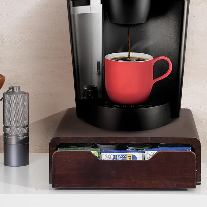 Solid Acacia Wood Coffee Pod Organizer with Walnut Finish, 35-Capacity Coffee Drawer with Removable Dividers, Child-Safe Rounded Edges for Countertop