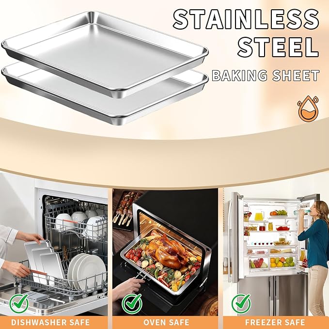 Baking Sheet Set of 2, Stainless Steel Cookie Sheets Baking Sheet Pan, 16 x 12 Inch Thicker and Firmer Baking Pans Set, Non-stick, Non toxic & Heavy Duty & Easy Clean,Dishwasher Safe