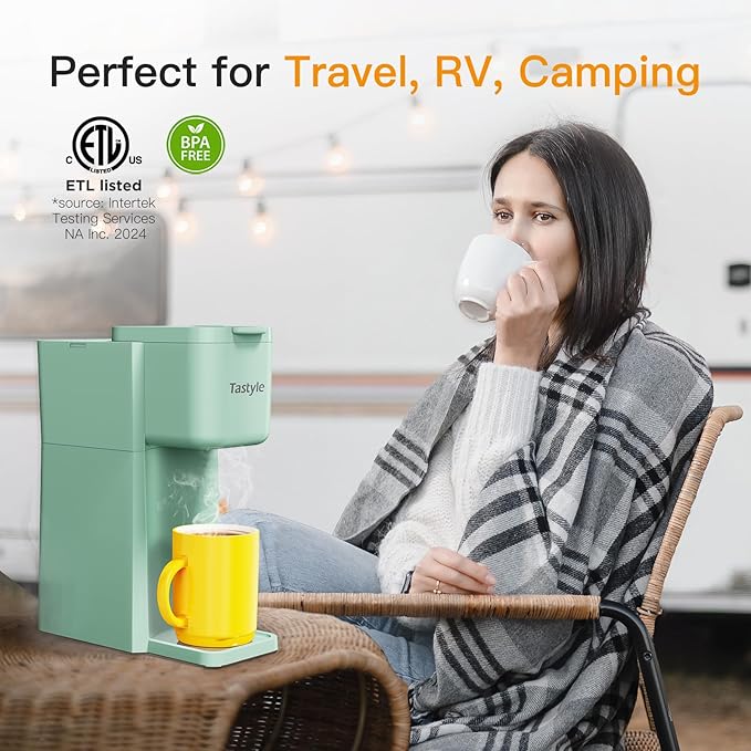 Tastyle Mini Hot and Iced Coffee Maker Single Serve, for K Cup and Ground, 6 to 14 Oz Brew Sizes, with Recipe Book, for Home, Travel, RV, Office and Dorm, Mint