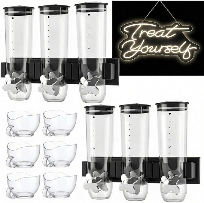 Lounsweer 6 Pcs Wall Mounted Cereal Dispenser with 1pcs Treat Yourself Neon Signs 9 L Candy Machine Grain Dispenser Neon Snack Sign Wall Mount for Home Kitchen Food Store Birthday Gift Party Decor