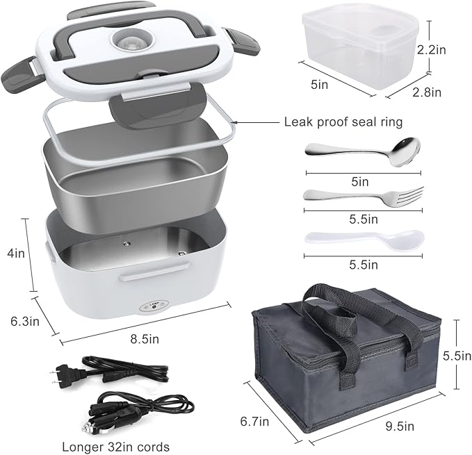 Herrfilk Electric Lunch Box Food Heater, 3 in 1 Ultra Quick Heated Lunch Boxes for Adults, 12V/24V/110V Portable Food Warmer for Car/Truck/Office With Fork Spoon and Insulated Carry Bag