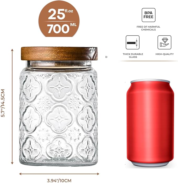 Adodeen 24oz Vintage Glass Jar With Lid, Glass Storage Containers, Airtight Kitchen Storage Containers For Sugar, Coffee, Tea, Spice, Flour, Candy Cookie, Pasta, Cereal, Cute Decorative Jars