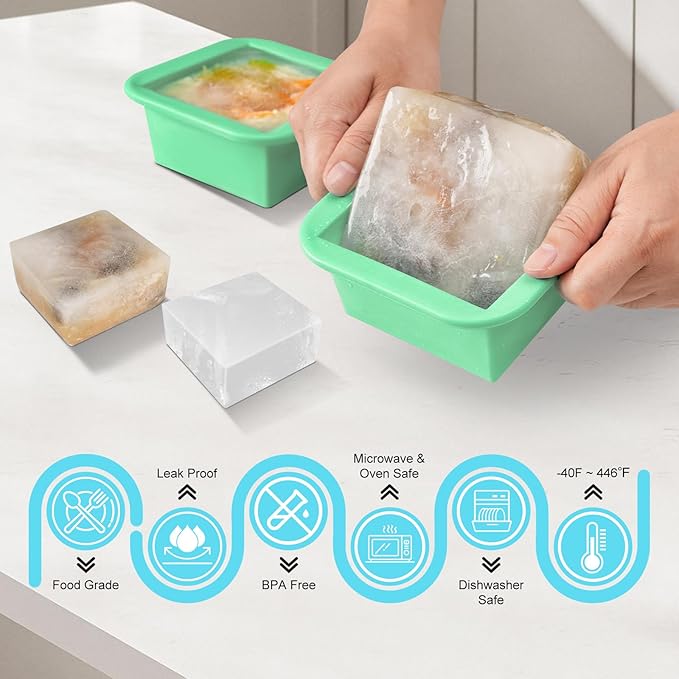 Silicone Freezer Tray with Lid 2 Pack Silicone Freezer Molds Ice Cube Tray Makes 2 Perfect 2 Cup Portions Soup Cubes Meal Prep Containers- Oven & Dishwasher Safe
