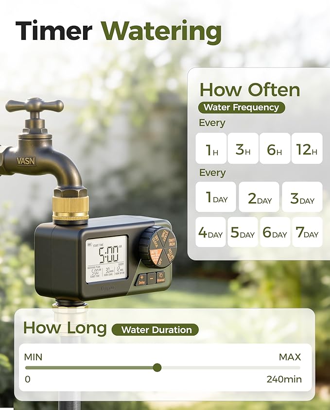 Diivoo IP66 Waterproof Brass Hose Timer, Programmable Sprinkler Timer with Large Display, Rain Delay & Manual Mode – Outdoor Automatic Irrigation System for Garden, Lawn & Yard