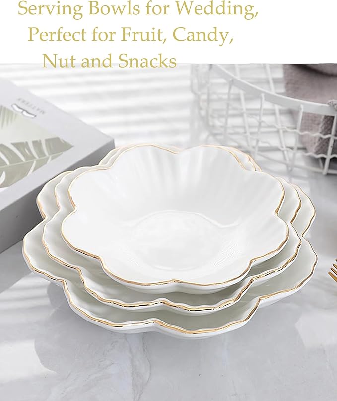 Porcelain Serving Dish,Ceramics Flower Relish Tray with Metallic Rim,Serving Bowls for Wedding,Party Perfect for Small Cereal, Pasta, Salad, Candy and Snacks White 9 inch